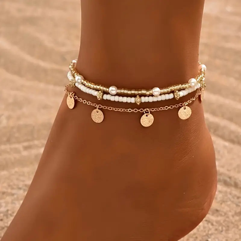 Coastal Charm 3-Piece Layered Anklet Set | Golden