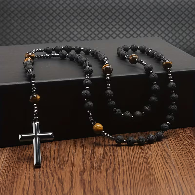 Black Lava Stone & Tiger Eye Cross Necklace