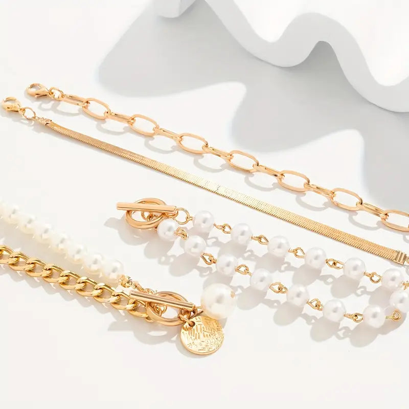Chic Gold 4-Piece Bracelet Set – Snake, Pearls & Links | Golden