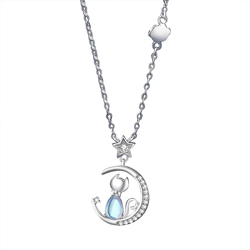Cat Moon Sterling Silver Necklace