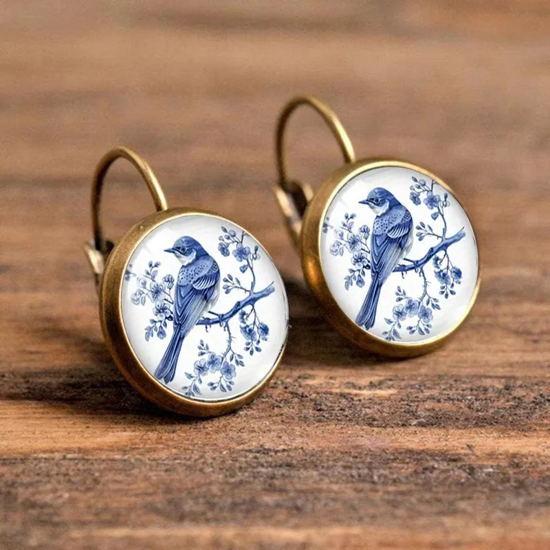 Vintage Blue Magpie Glass Dome Earrings