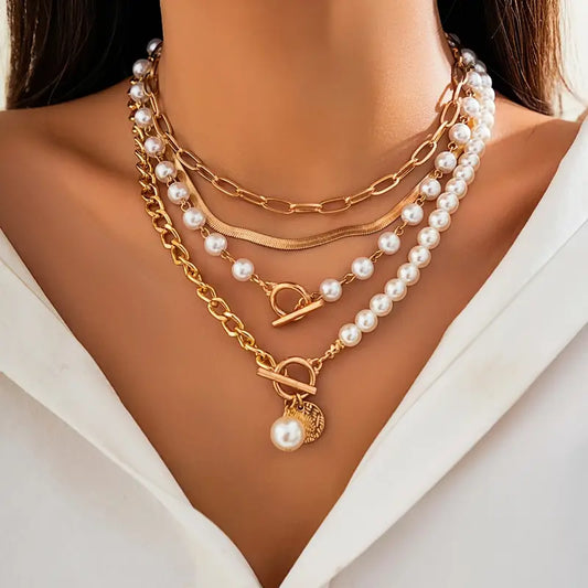 Vintage Pearl & Gold Snake Chain Necklace Set | Golden
