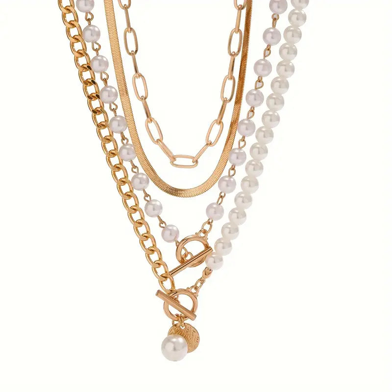 Vintage Pearl & Gold Snake Chain Necklace Set | Gold