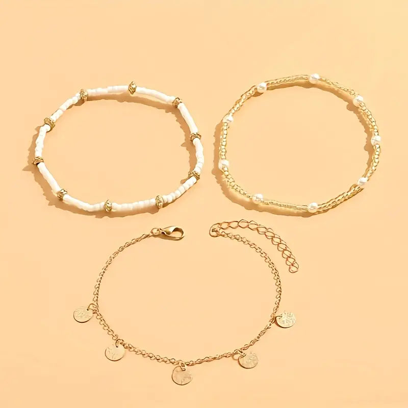 Coastal Charm 3-Piece Layered Anklet Set | Golden