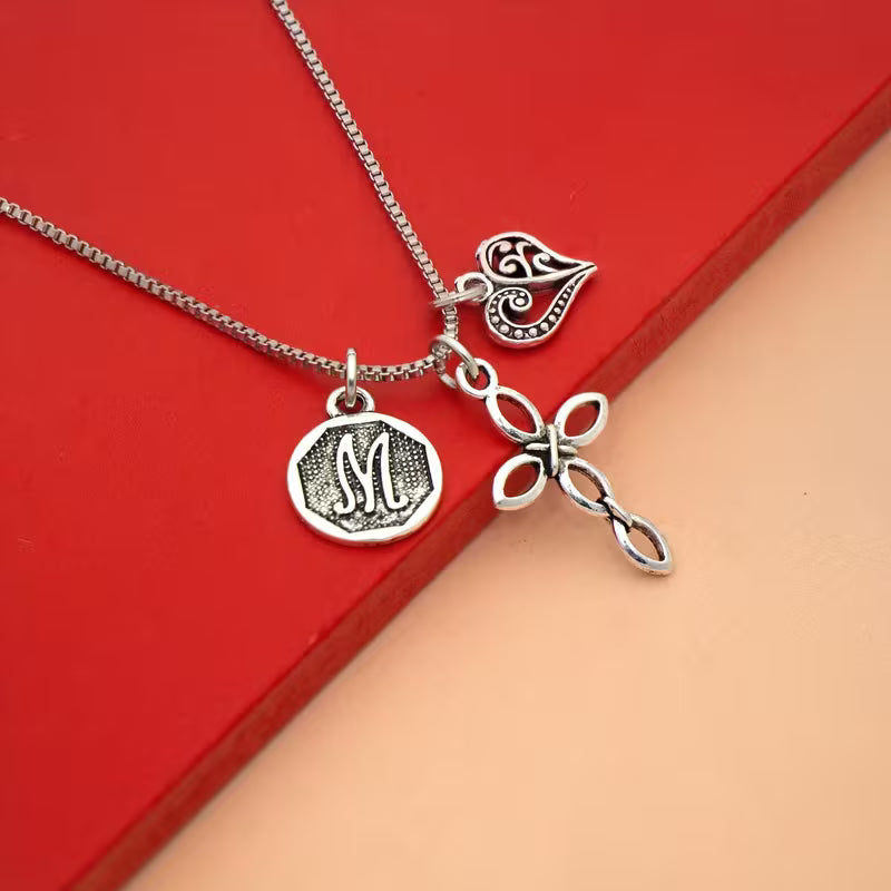 Initial Letter Heart & Cross Necklace