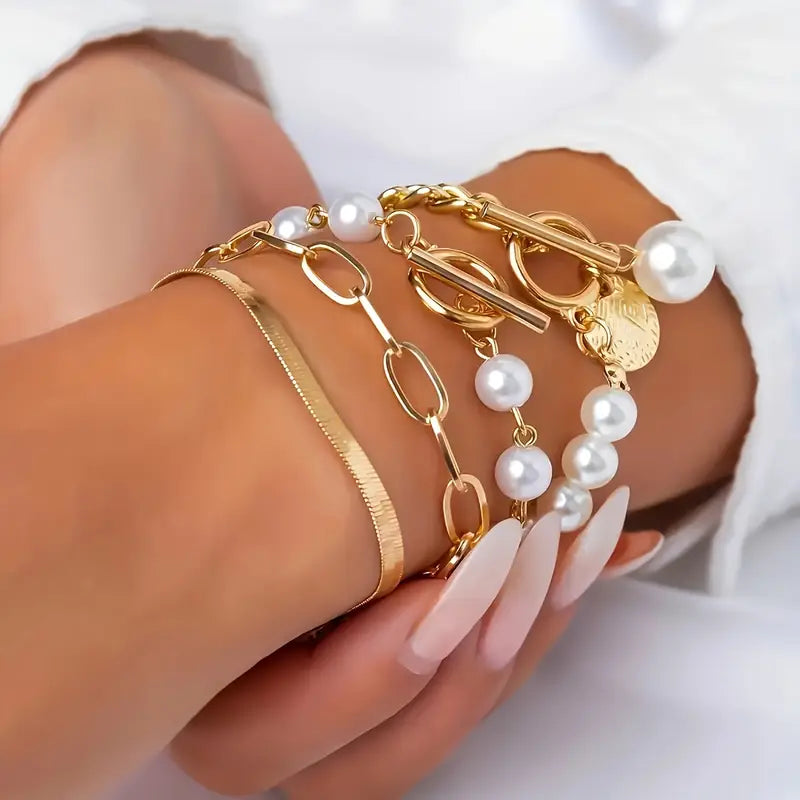 Chic Gold 4-Piece Bracelet Set – Snake, Pearls & Links | Golden