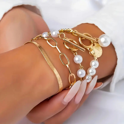 Chic Gold 4-Piece Bracelet Set – Snake, Pearls & Links | Golden