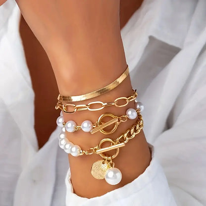 Chic Gold 4-Piece Bracelet Set – Snake, Pearls & Links | Golden