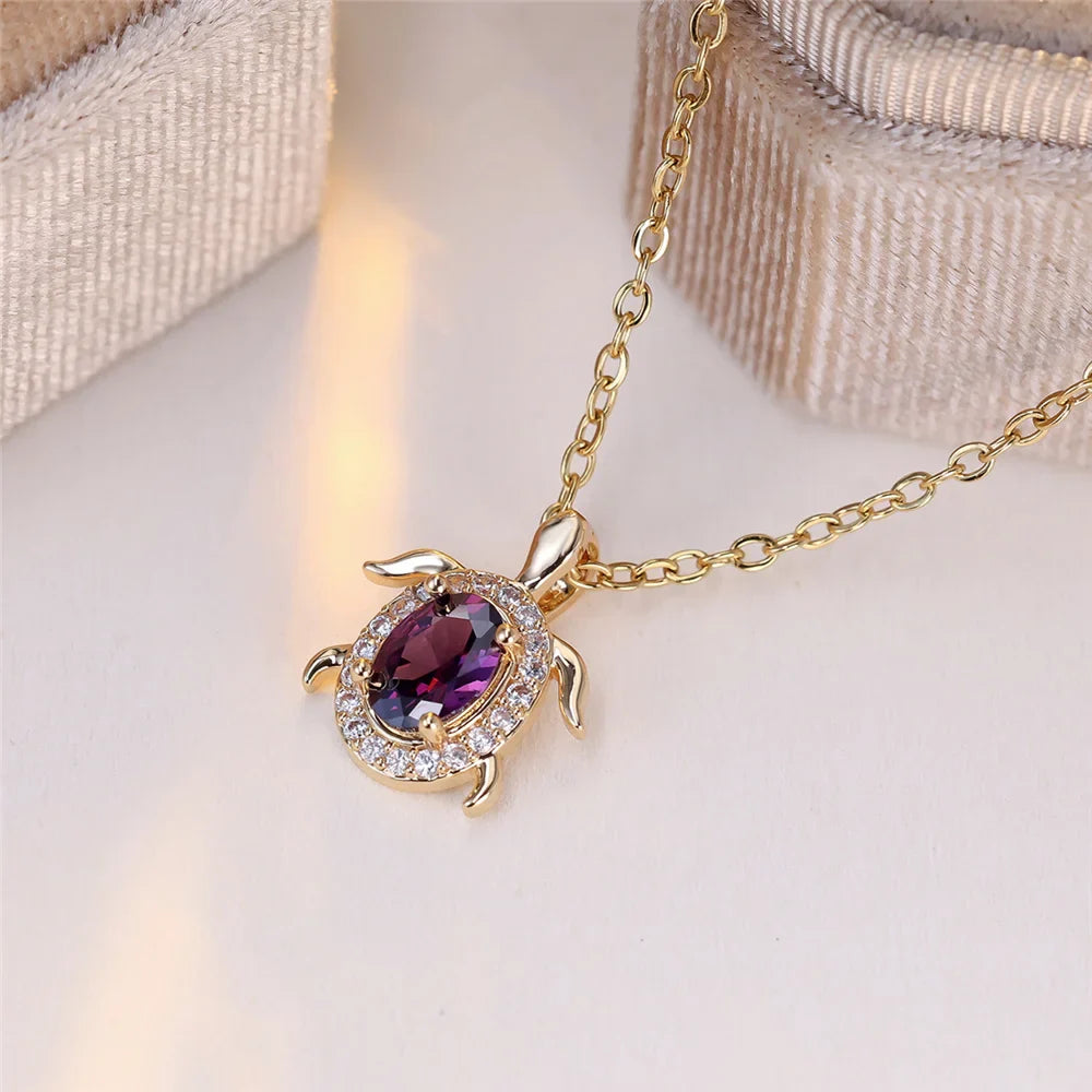 Purple Crystal Turtle Pendant Necklace