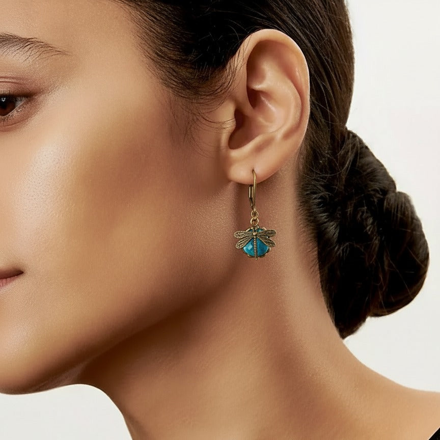 Gold Dragonfly Earrings with Crystal