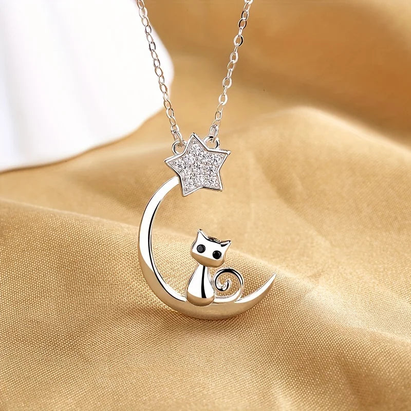 Sterling Silver Cat Moon Star Necklace