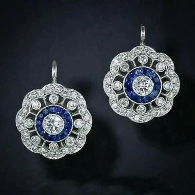Vintage Mandala Earrings with Blue Zirconias