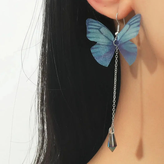 Blue Butterfly Crystal Tassel Earrings