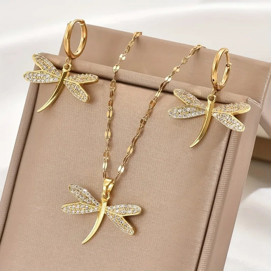 Gold Dragonfly Jewelry Necklace with Bonus Earrings