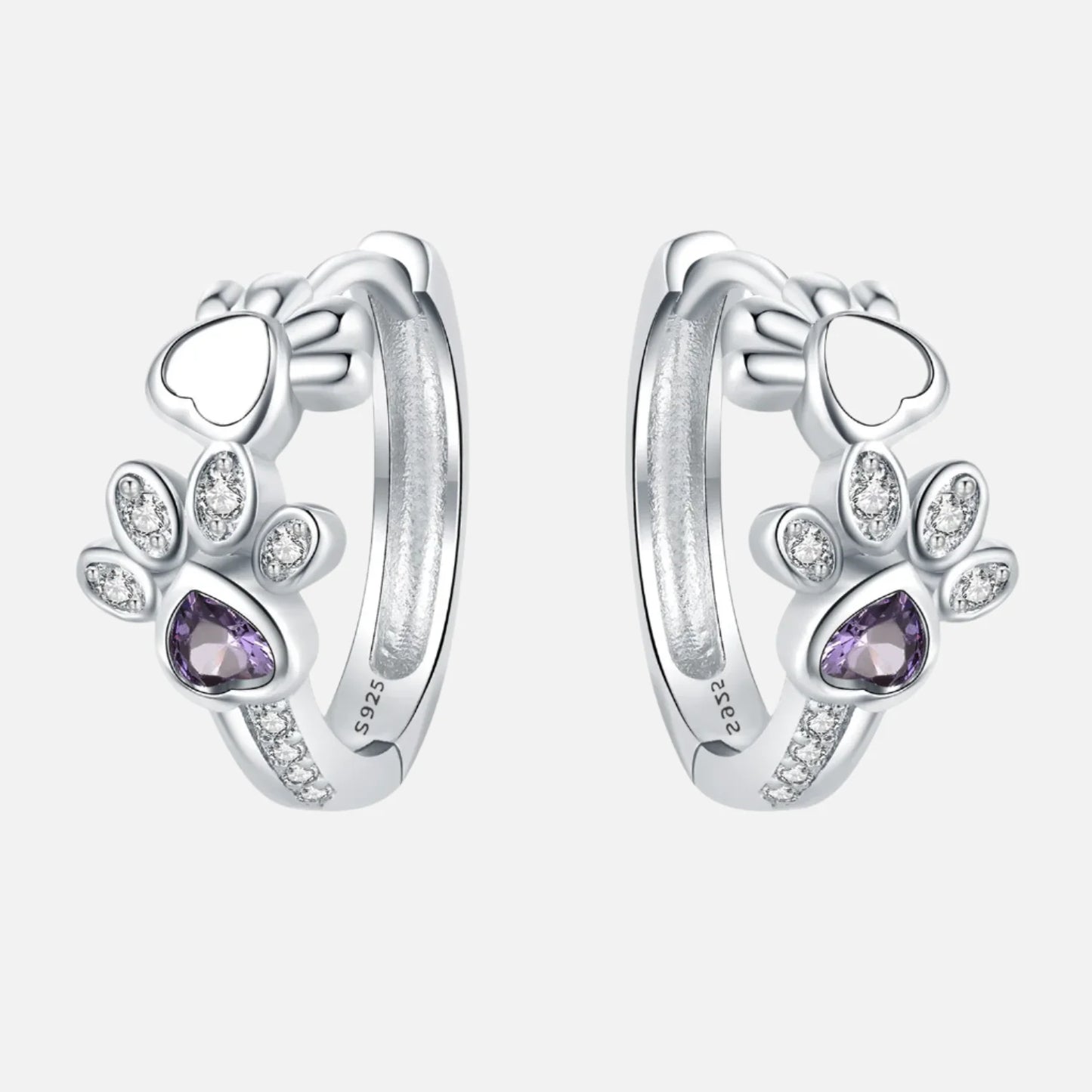 Paw Huggie Earrings in 925 Sterling Silver – With Zirconia and Heart Gem