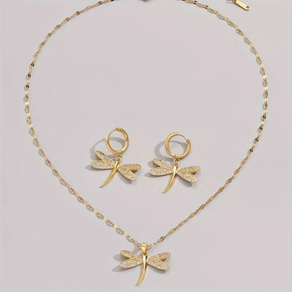 Gold Dragonfly Jewelry Necklace with Bonus Earrings
