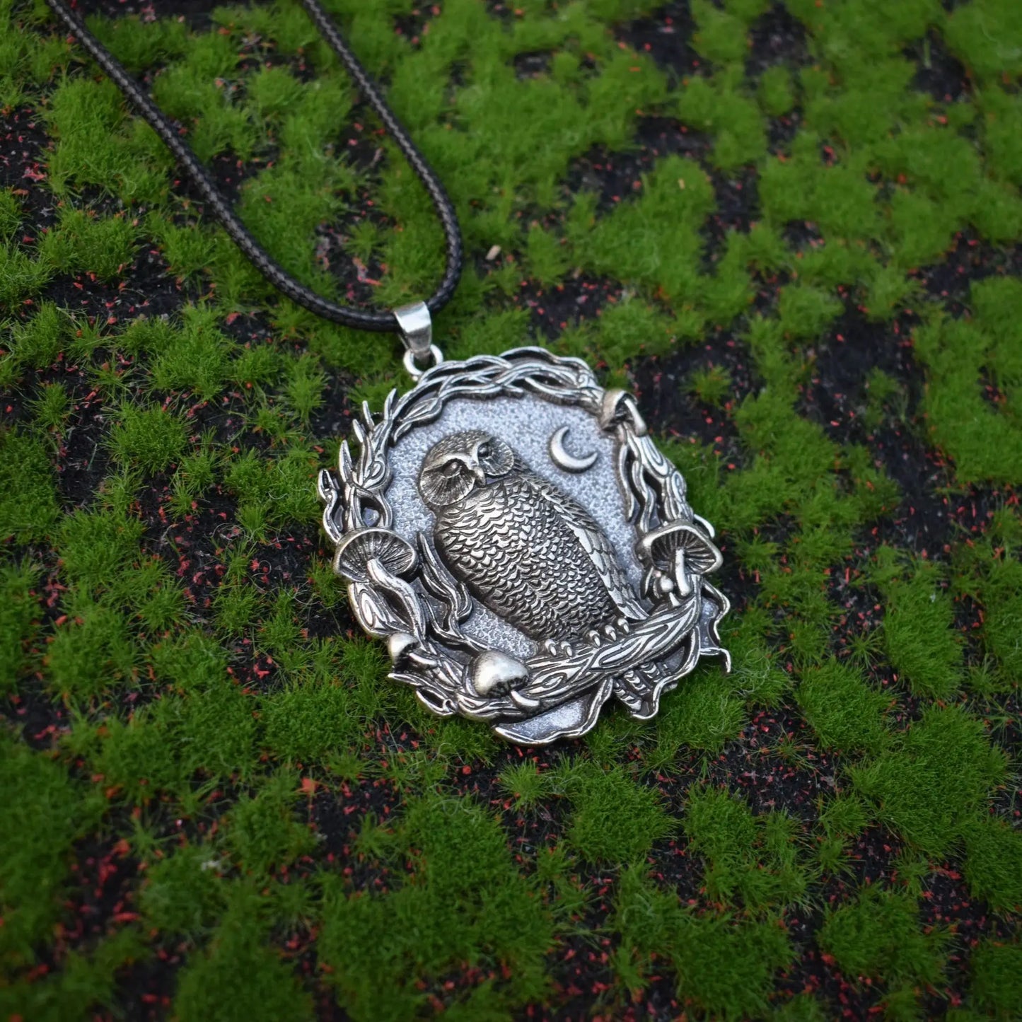 Mystical Owl Moon Mushroom Pendant Necklace