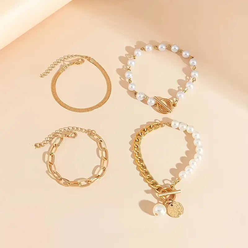 Chic Gold 4-Piece Bracelet Set – Snake, Pearls & Links | Golden