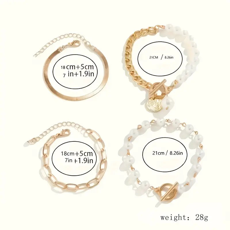 Chic Gold 4-Piece Bracelet Set – Snake, Pearls & Links | Golden