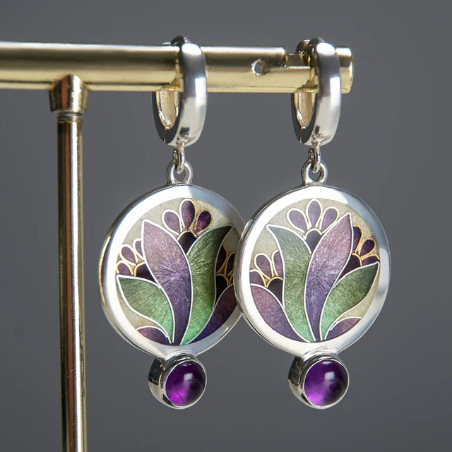 Boho Purple Crystal Silver Earrings