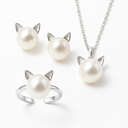 Beautiful Pearl Cat Necklace with Bonus Earrings + Ring