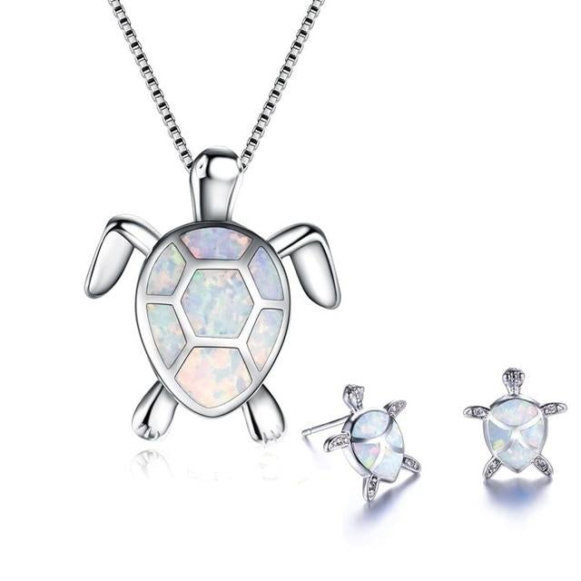 Turtle Necklace + Earrings Set in Opal and Silver