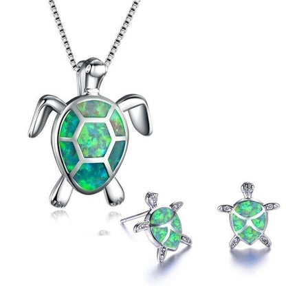 Turtle Necklace + Earrings Set in Opal and Silver