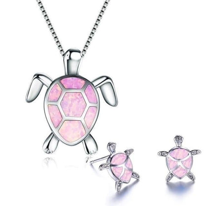 Turtle Necklace + Earrings Set in Opal and Silver
